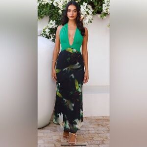 New Runaway Tenaya Floral Green and Black Maxi  Dress